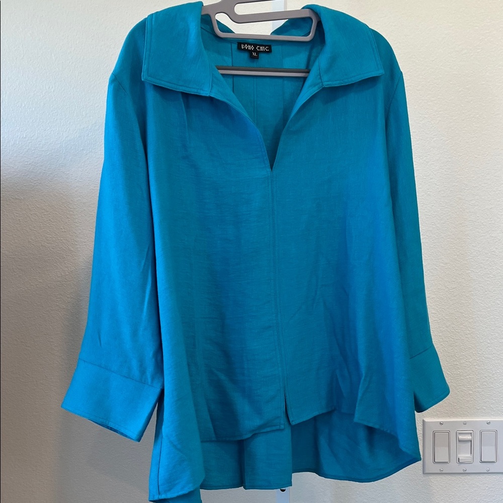 Boho Chic Blouse XL Women Elegant Teal Blue Tencel Viscose Longer Back Tunic